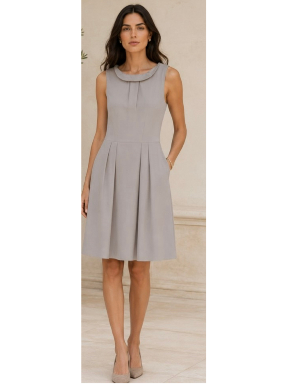 Emporio Armani Sleeveless Midi Dress, Size 42/6, Grey Knee Length Classic Luxury